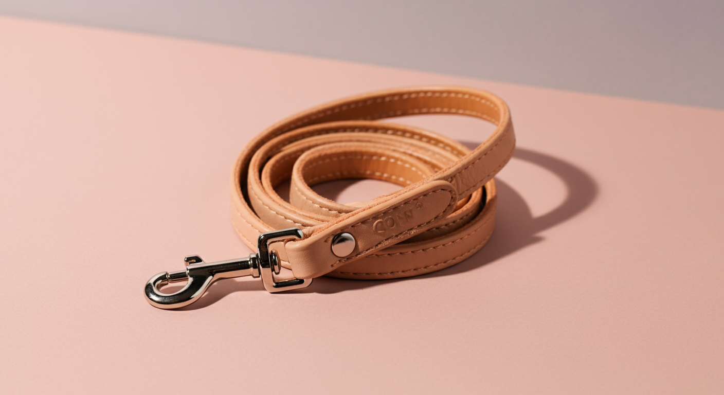 パステルカラーの背景に、おしゃれな革製の短いリードが綺麗に巻かれて置かれている写真。