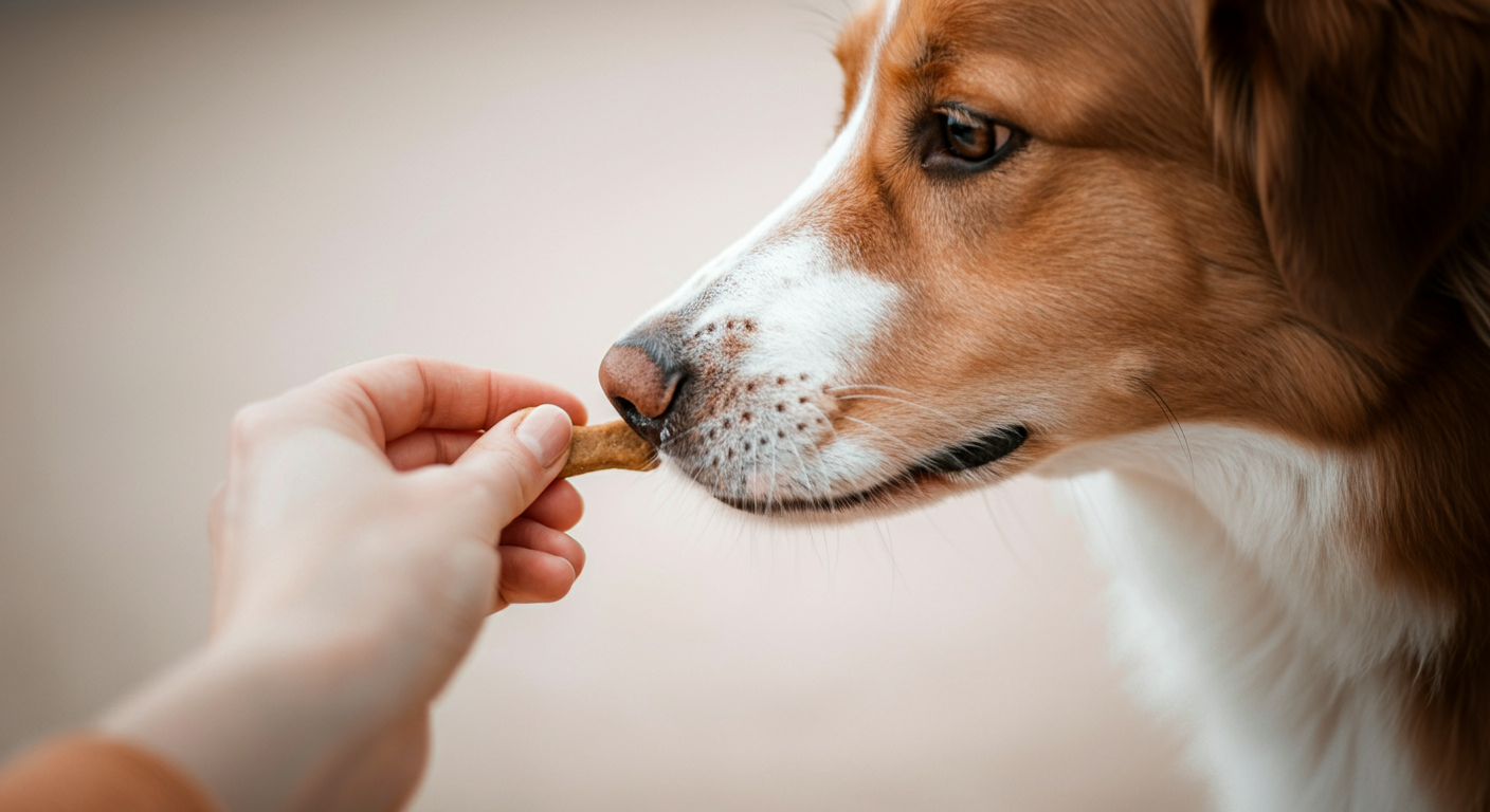 飼い主が持つ特別なおやつに犬が鼻を近づけ、集中している様子のクローズアップ。