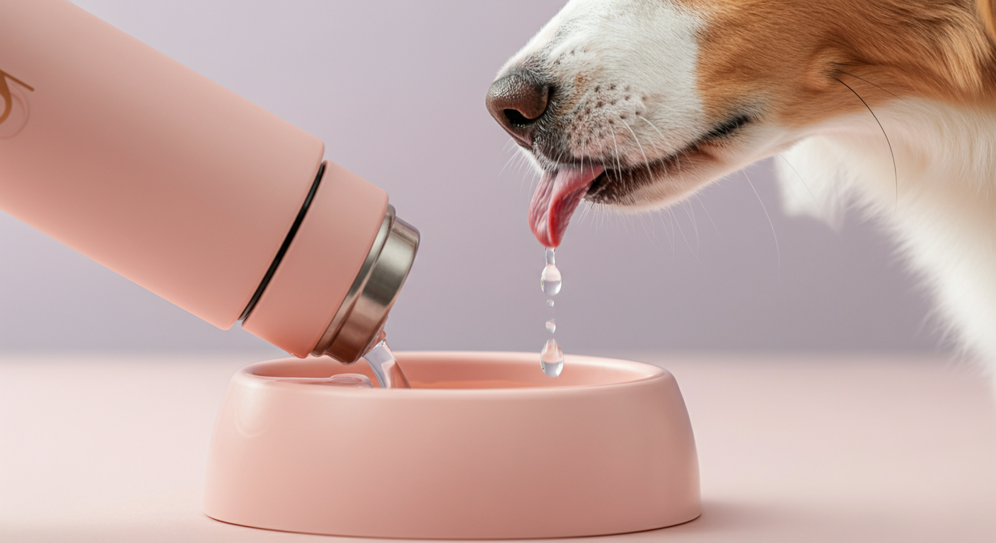 犬用給水ボトルのお皿に注がれた水を犬が舐めている瞬間のクローズアップ。