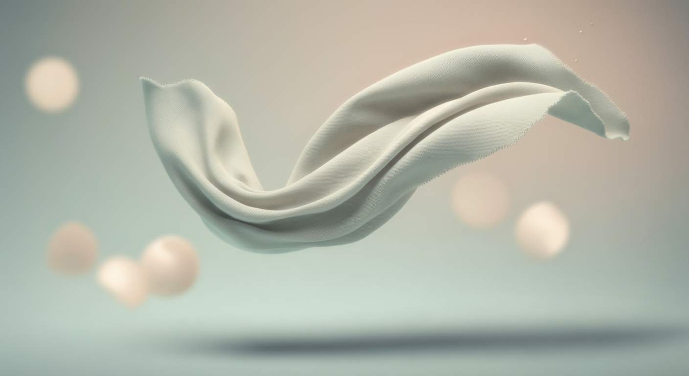 羽のように軽く宙に舞う、犬用クールウェアの生地の写真。