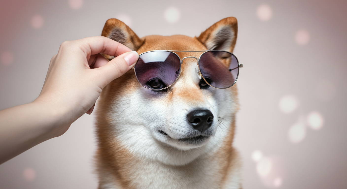 犬の顔の近くに優しく犬用サングラスが添えられている様子。