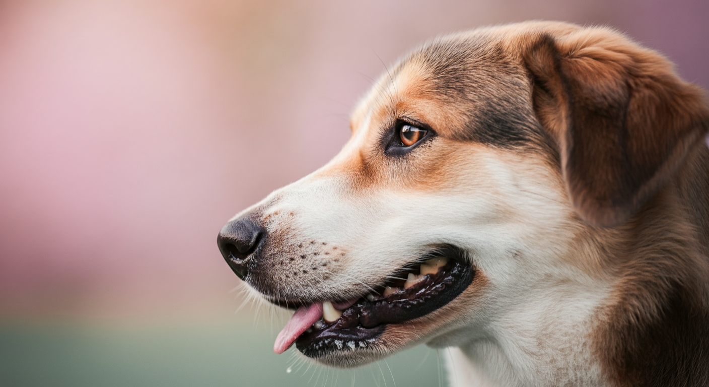 舌を少し出して優しくあえいでいる犬の横顔のクローズアップ写真。喉の渇きの初期サインを示している。