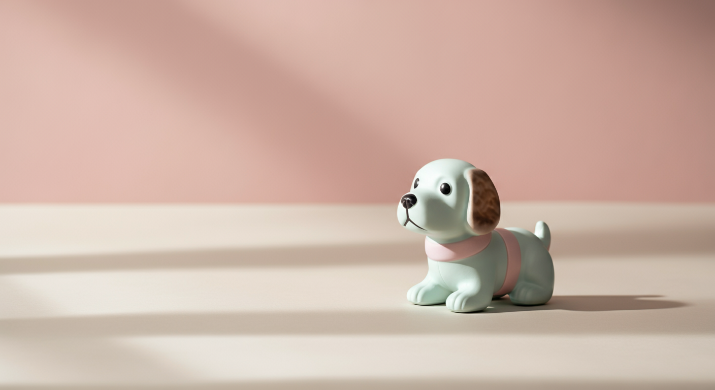 シンプルな背景に、パステルカラーのおしゃれな犬用おもちゃが一つだけ置かれているミニマルな写真。