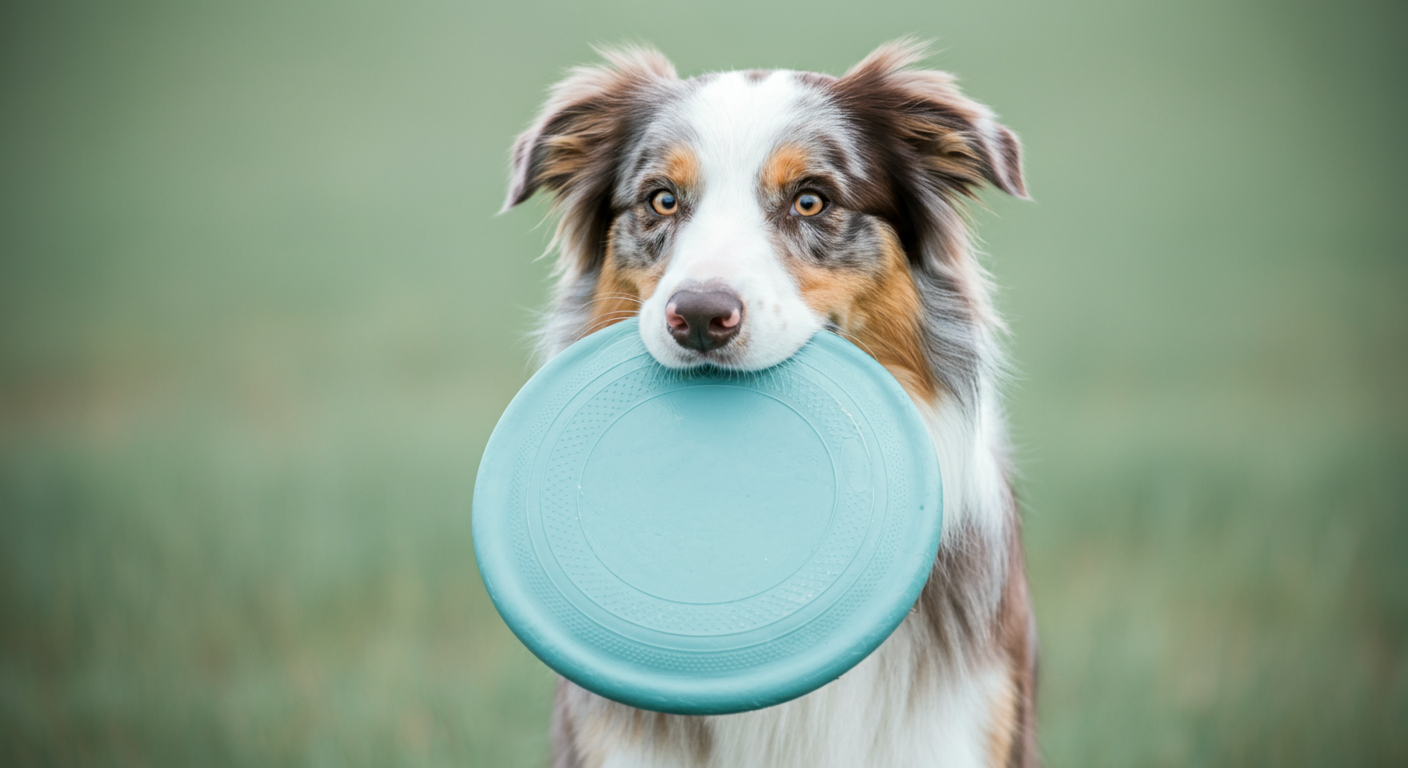 パステルブルーの柔らかいフリスビーを優しく口にくわえているボーダーコリーのクローズアップ。