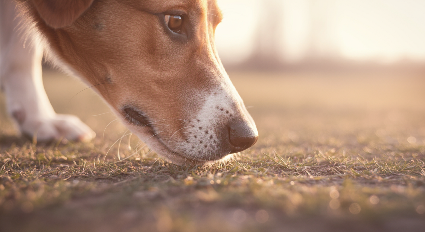 誰もいない日当たりの良い野原で、好奇心旺盛に地面の匂いを嗅ぐ犬の鼻のクローズアップ。