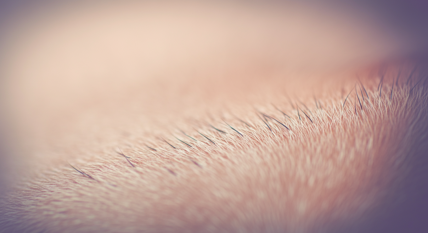 犬の柔らかく繊細な毛並みのマクロ撮影。一本一本が光に照らされている。