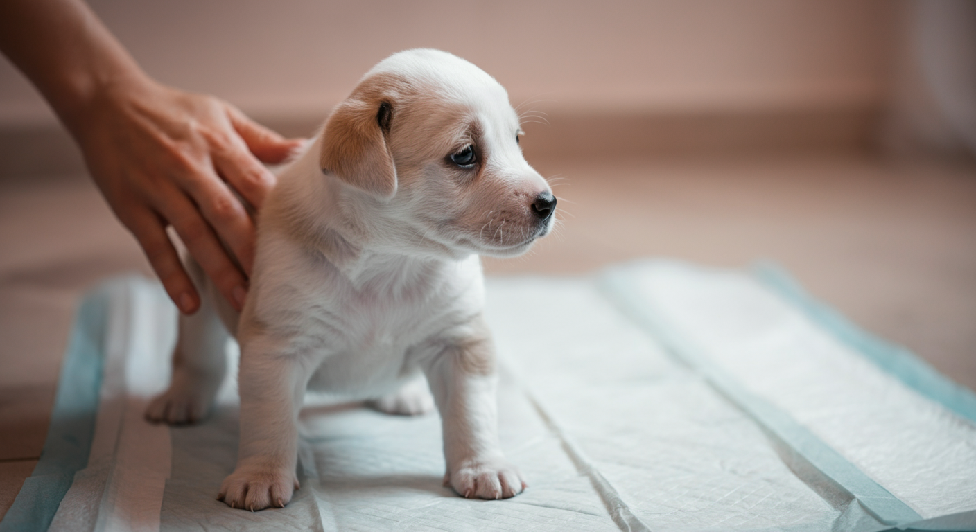 飼い主が愛情を込めて子犬の背中を撫でている。背景にはぼやけたトイレトレーニング用のパッドが見える。