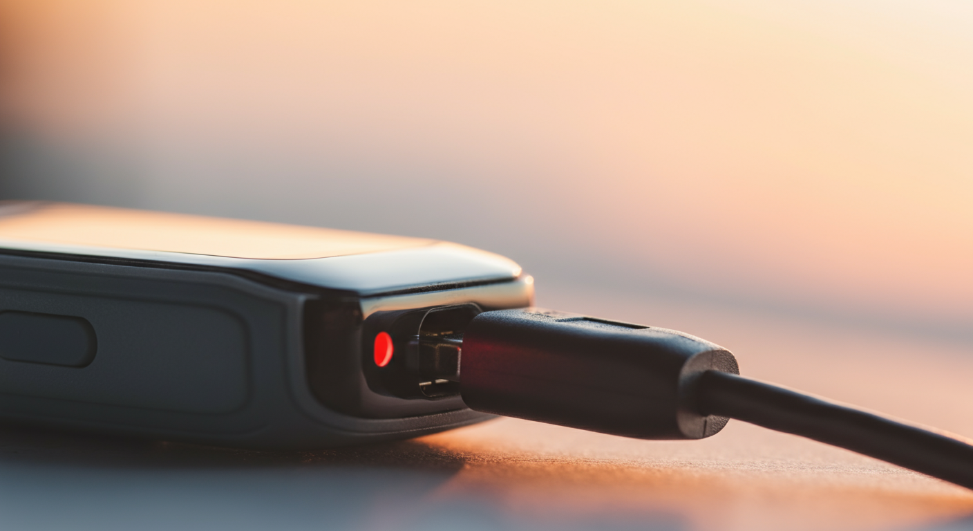 GPSトラッカーの充電ポートの接写。表面にバッテリー低下のアイコンが反射している。