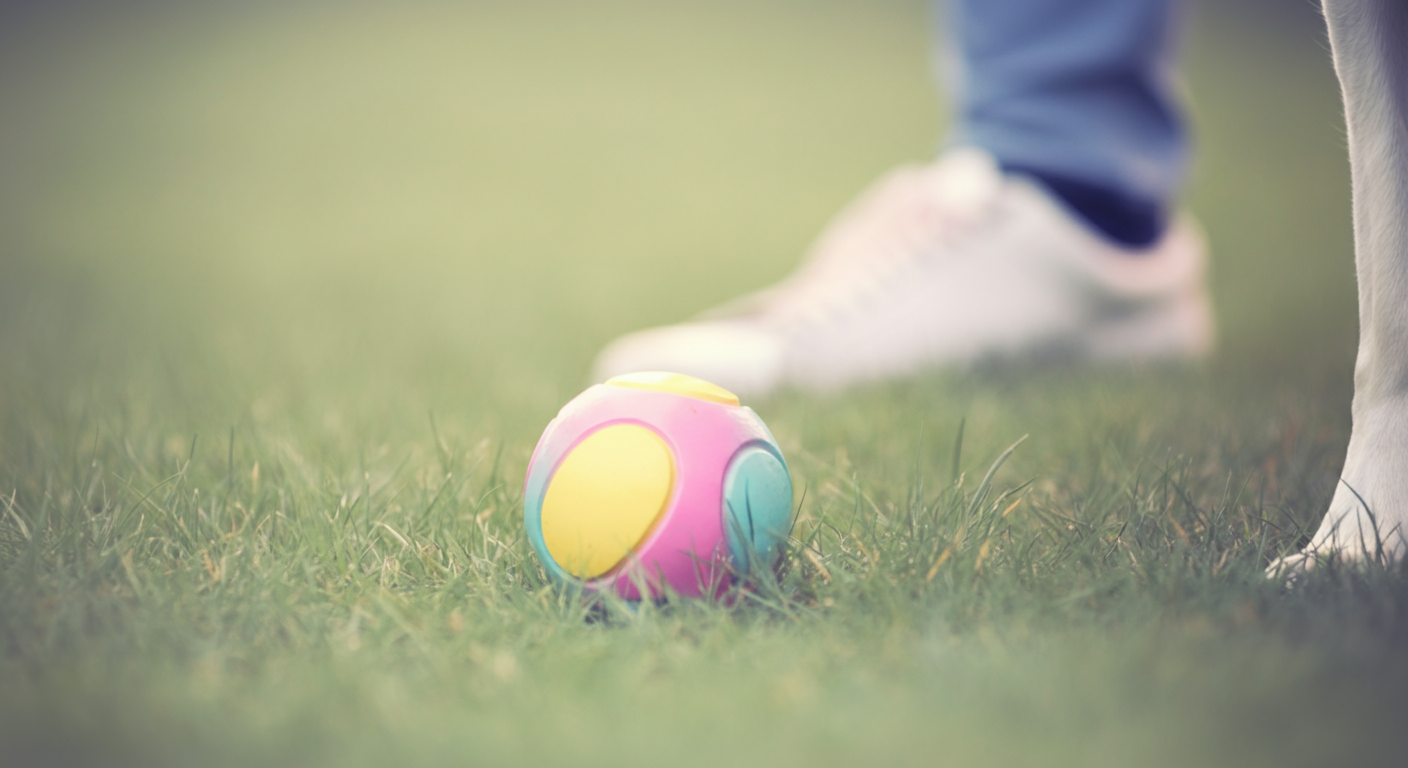 芝生の上に置かれたカラフルな犬用ボール。人と犬の足元が少しだけ写り込んでいる。