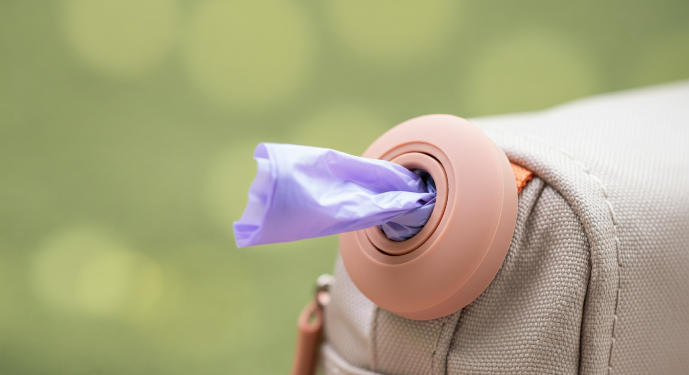 マナーポーチに内蔵された、ビニール袋を一枚ずつ取り出せるディスペンサー