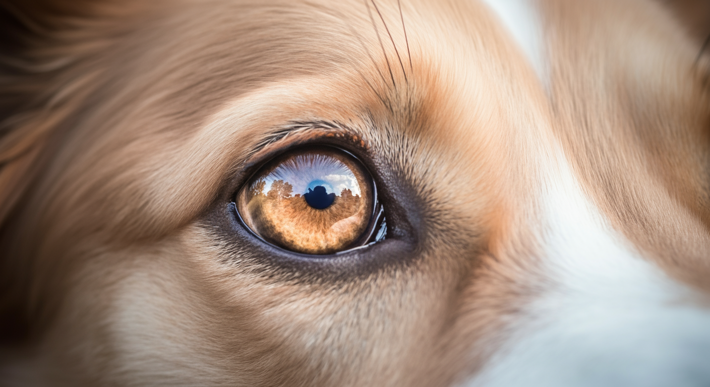 飼い主の笑顔が映り込んでいる犬の輝く瞳のマクロ撮影