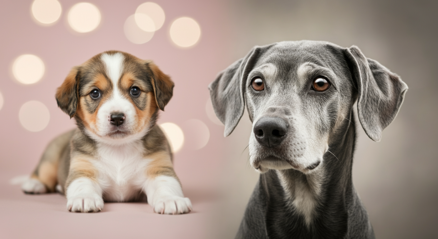 片側には元気な子犬、もう片側には穏やかなシニア犬が写っている分割画面の合成画像。