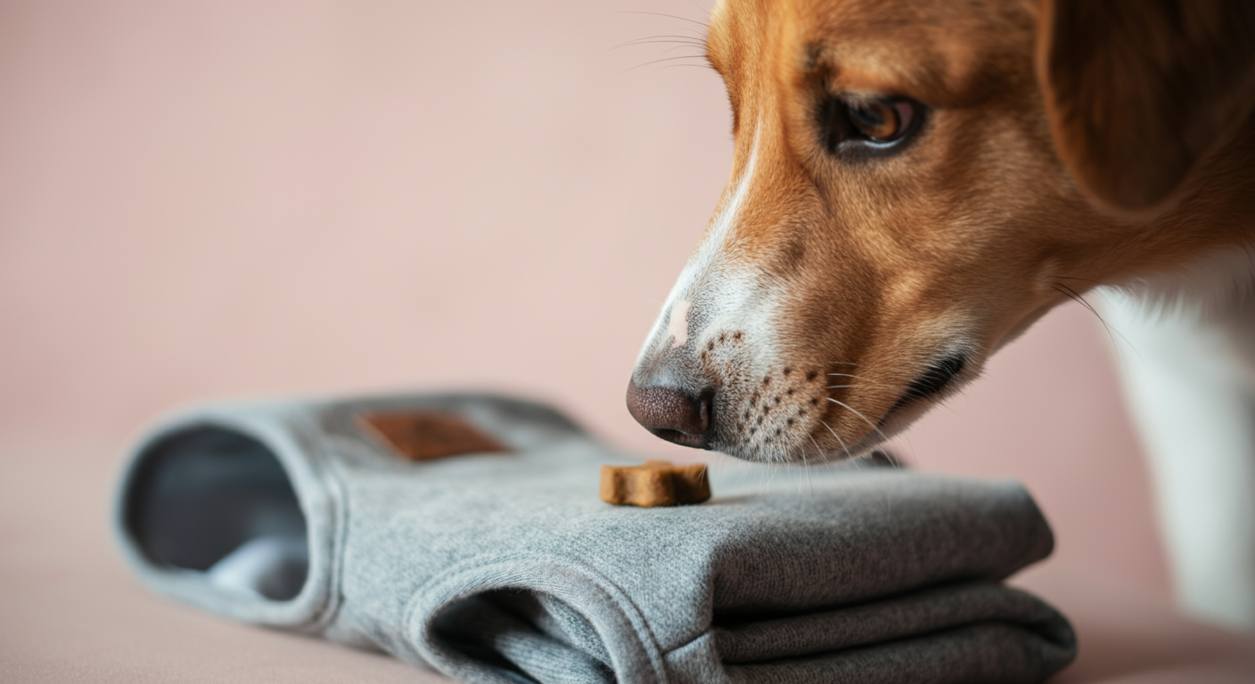 綺麗に畳まれた犬用ベストの上に乗せられたおやつを、犬が興味深そうに匂いを嗅いでいる写真。