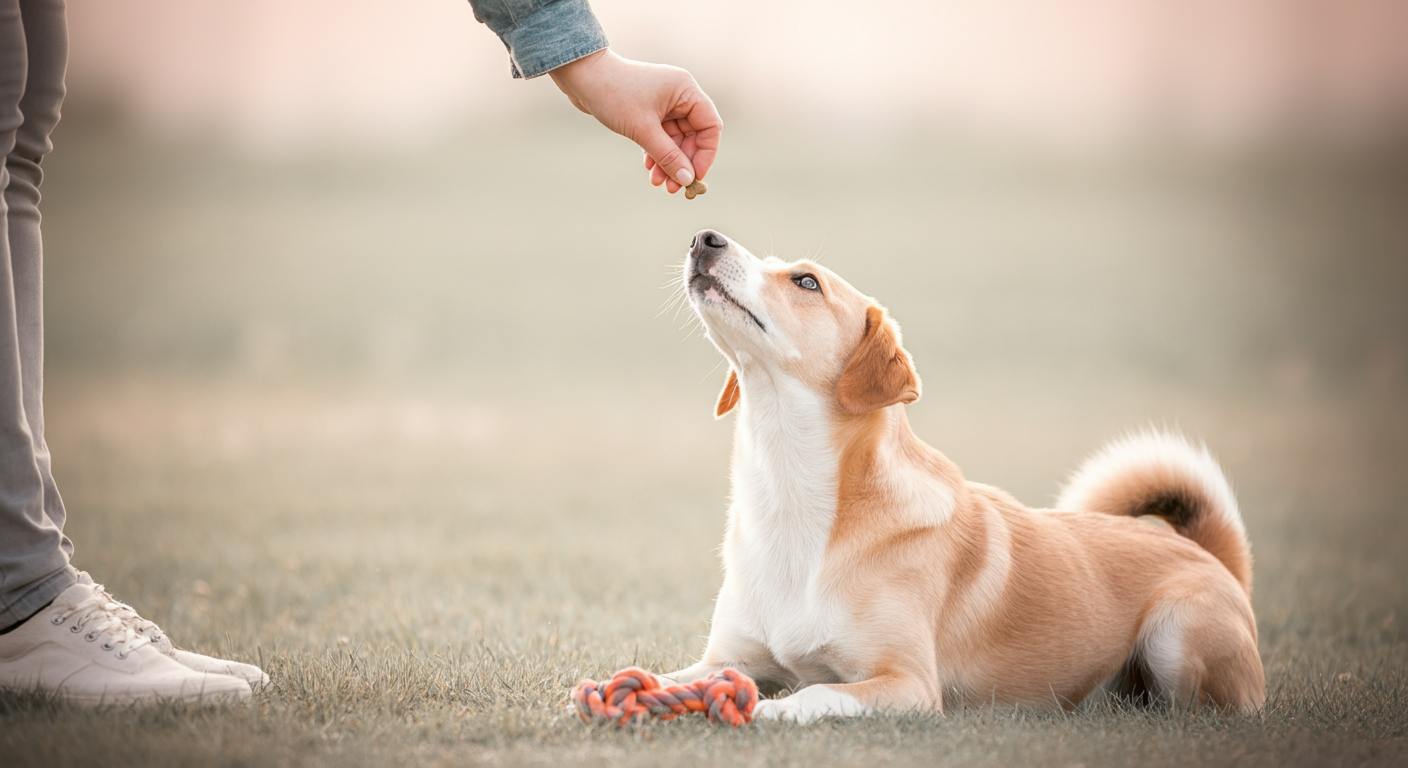 おもちゃを足元に置いた犬が、ご褒美のおやつをくれる飼い主の手を期待して見上げている