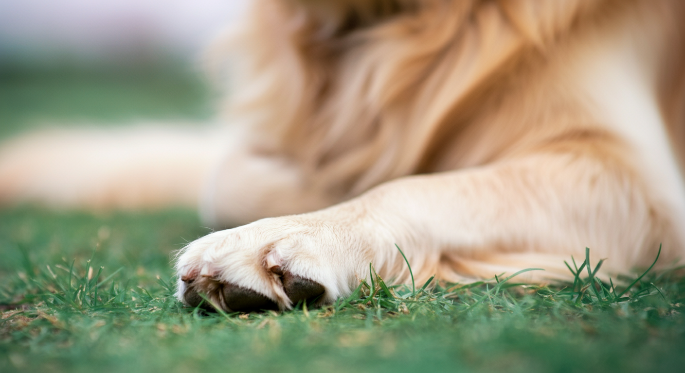 緑の芝生の上に置かれたゴールデンレトリバーの前足のクローズアップ。
