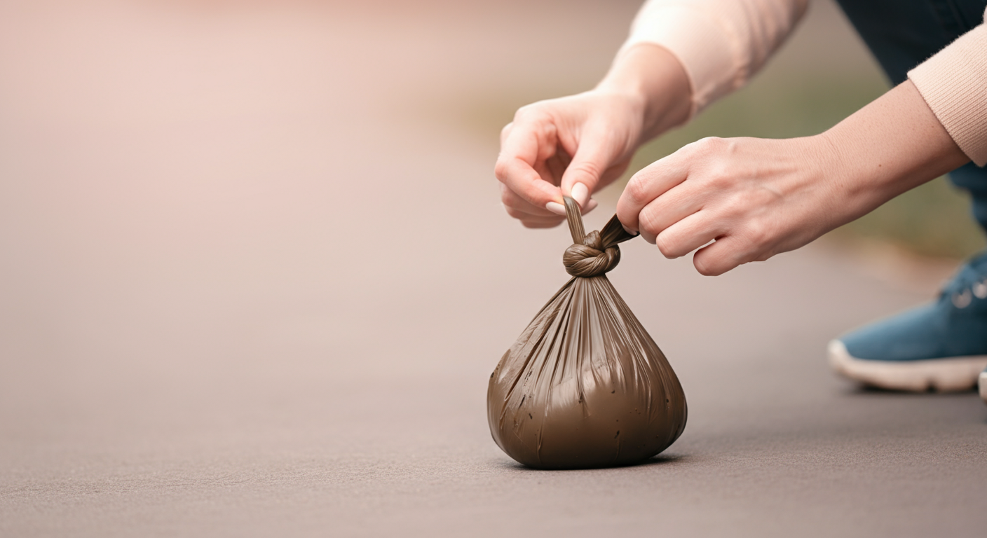 使用済みのうんち袋を、きれいに結んでいる手元の写真。