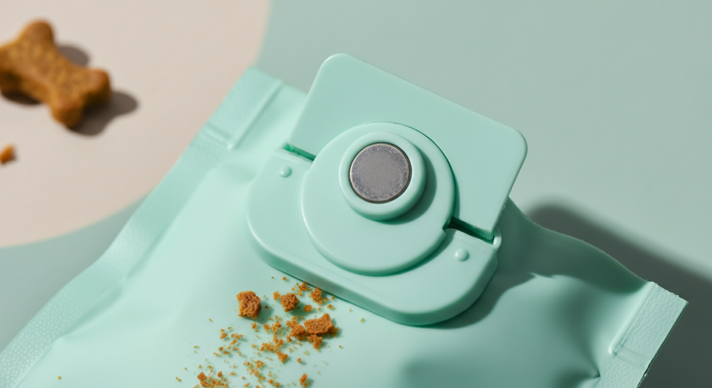 パステルグリーンのトリーツポーチのマグネット式開閉部が閉じる瞬間のマクロ写真。