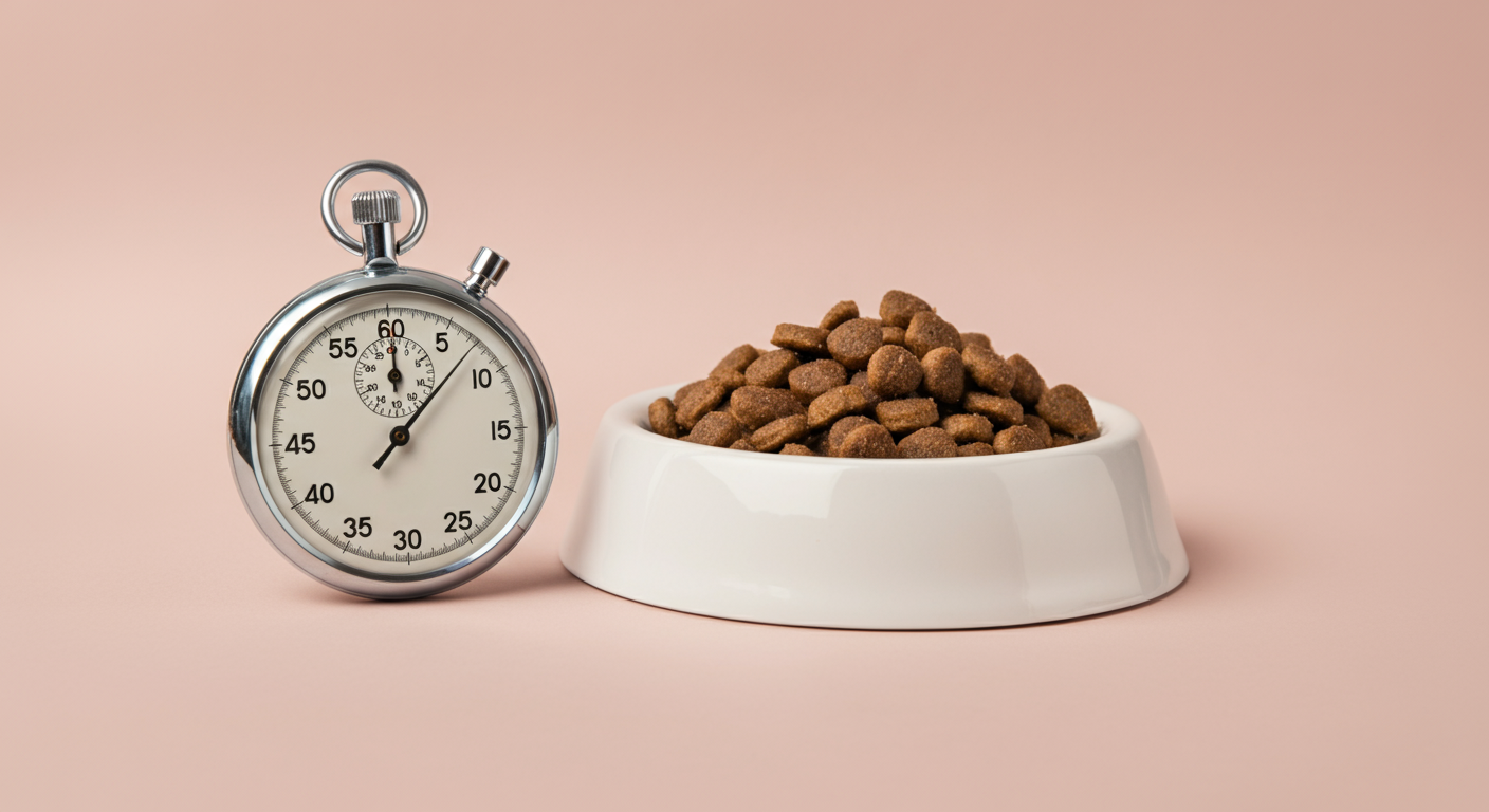 高タンパク質フードが入った皿の横に置かれたストップウォッチ。運動後の栄養補給のタイミングの重要性をイメージした写真。