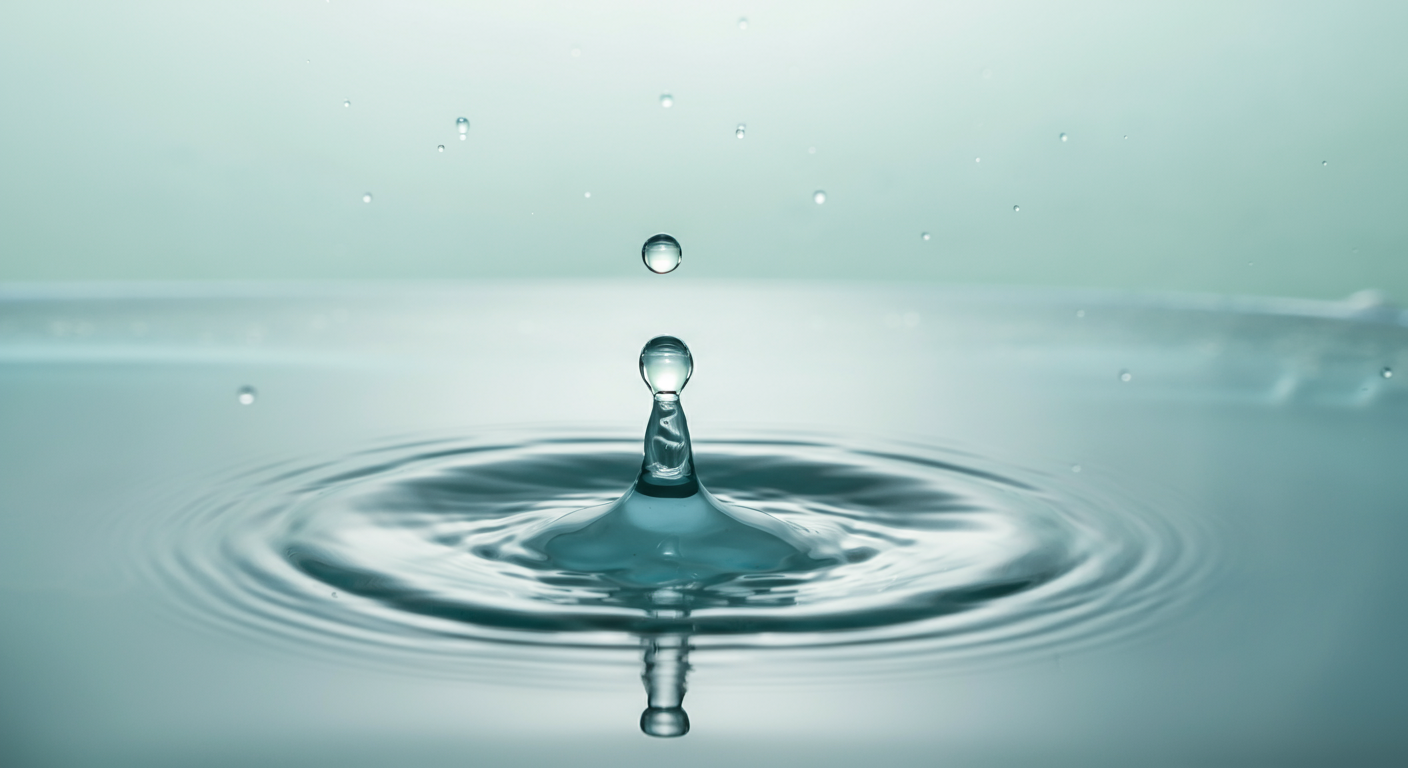 パステルカラーの静かな水面に一滴の水が落ち、穏やかな波紋が広がっている抽象的な写真。