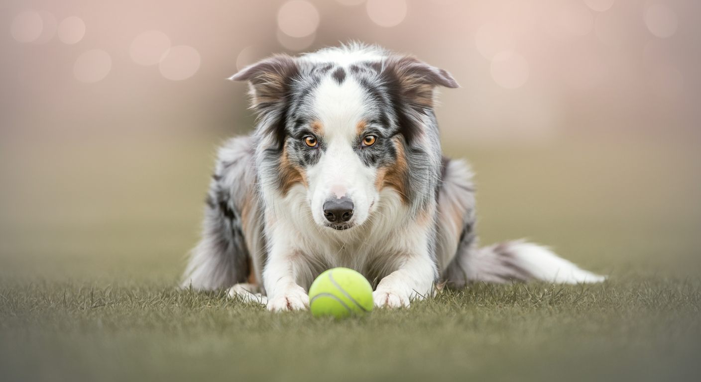 少し離れた場所に置かれたボールを、じっと見つめて待っている犬。