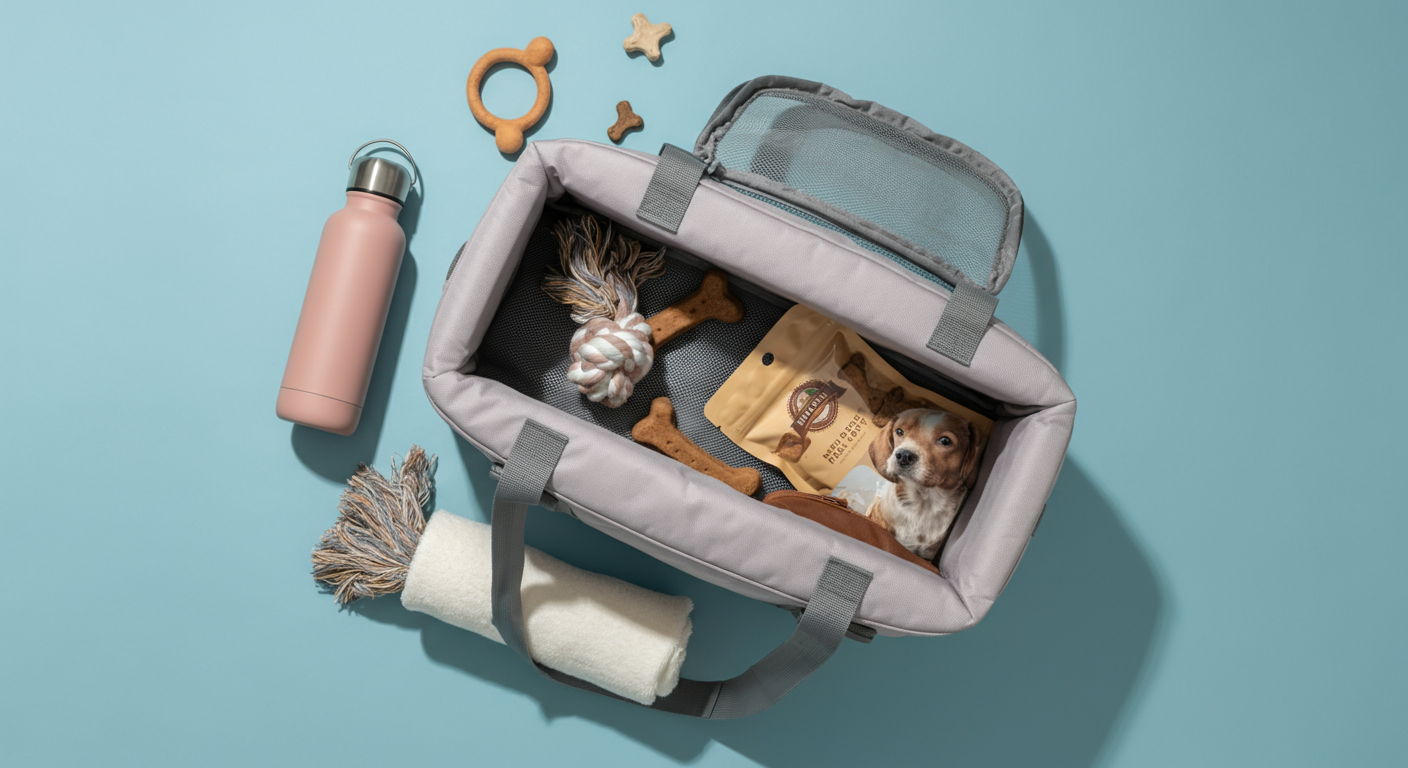 開いたソフトクレートの中に、犬用グッズがおしゃれに並べられたフラットレイ写真。水筒やおもちゃ、おやつなどが整理整頓されている。
