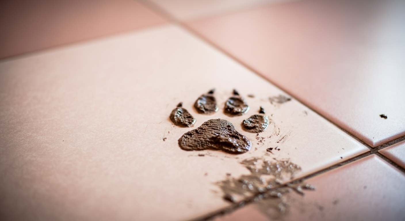 綺麗なパステルカラーの床についた、泥だらけの犬の足跡のクローズアップ。