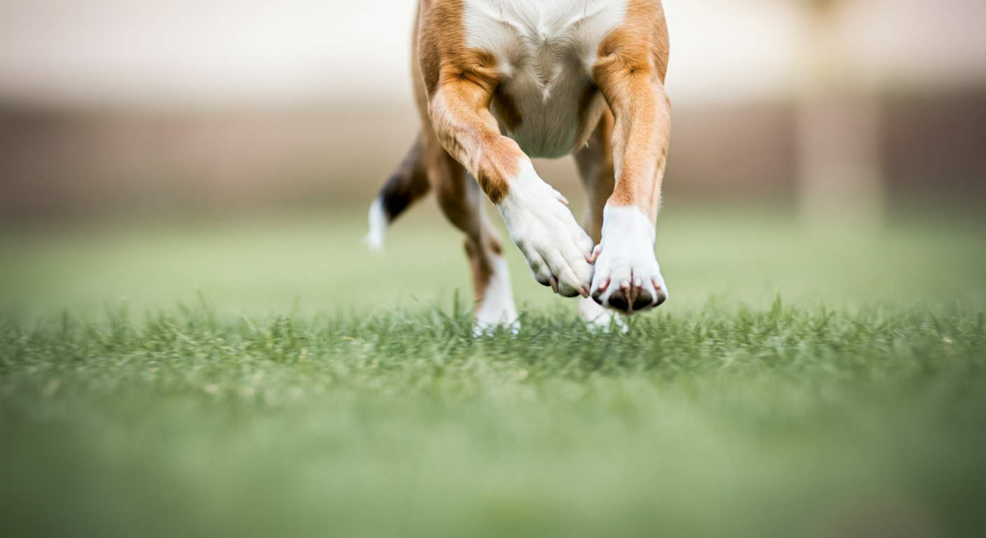 緑の芝生の上を疾走する犬の足元のクローズアップ写真。