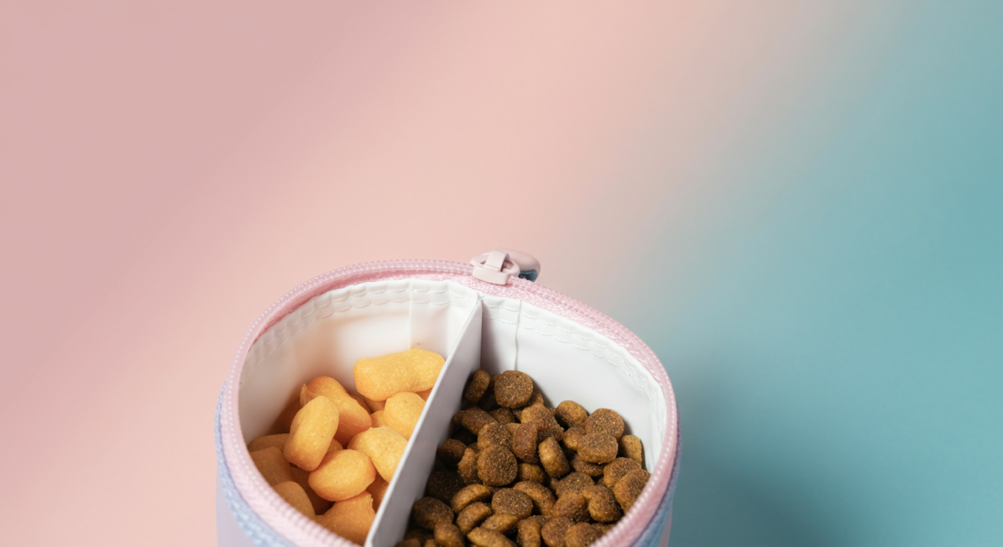 仕切りのあるトリーツポーチの中を写した抽象的な写真。片方には特別なトリーツ、もう片方には普段のフードが入っている。