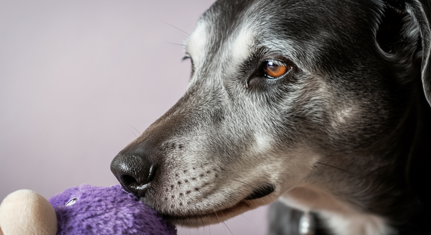 柔らかいぬいぐるみのおもちゃの匂いを嗅ぎ、満足げに目を閉じているシニア犬の、白髪混じりの口元のクローズアップ。