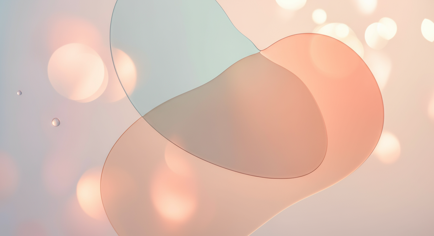 パステルカラーの半透明な形が二つ、優しく重なり合っている抽象的な画像。