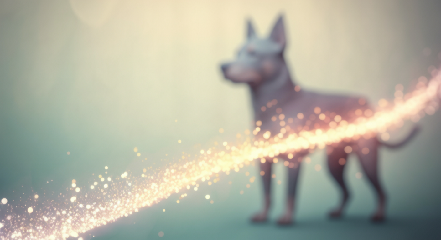 神経細胞を伝わる光の粒のような抽象的なイメージ。背景には犬のシルエットがぼんやりと見える。