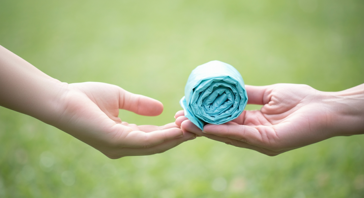 公園の芝生を背景に、一人がもう一人にうんち袋を差し出している、助け合いを象徴する写真。