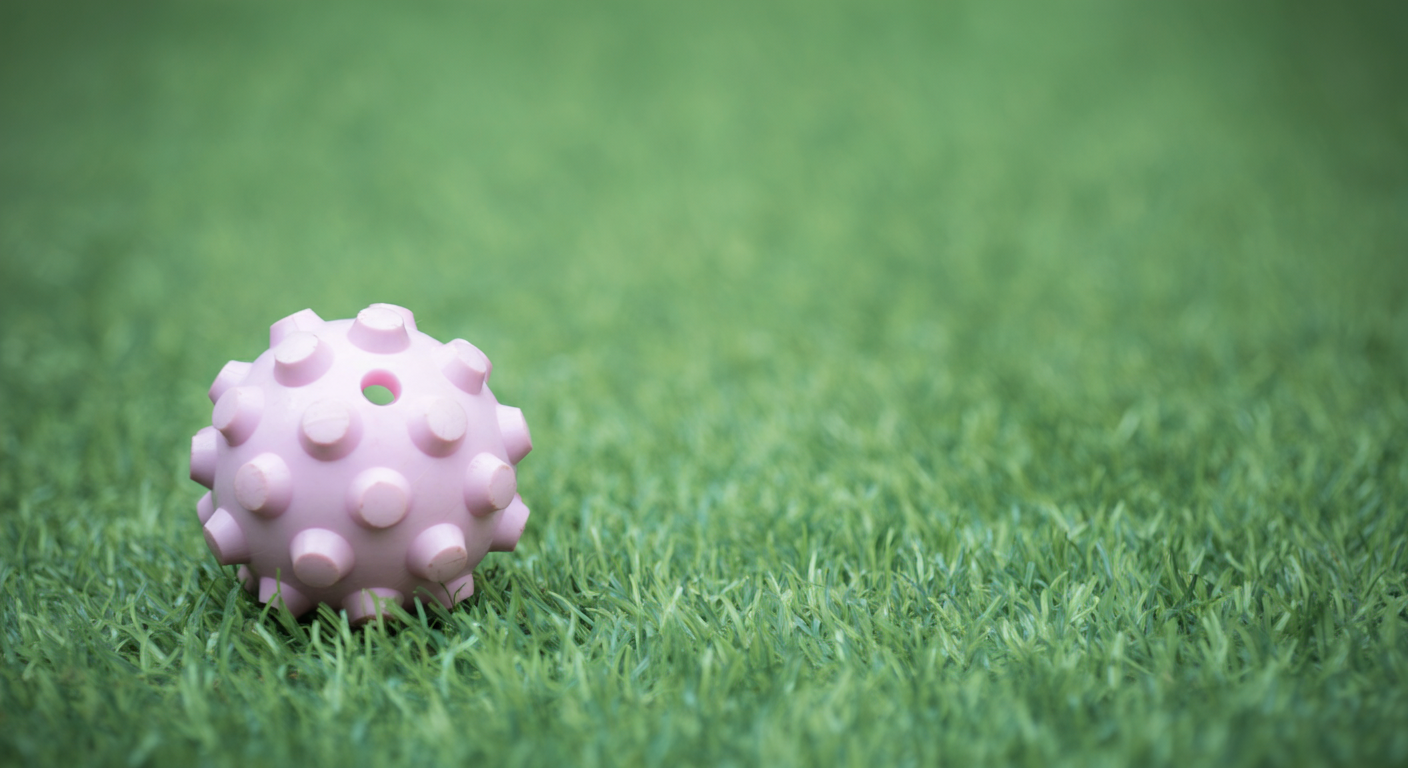 緑の芝生の上に、パステルカラーのボールが一つだけポツンと置かれている。