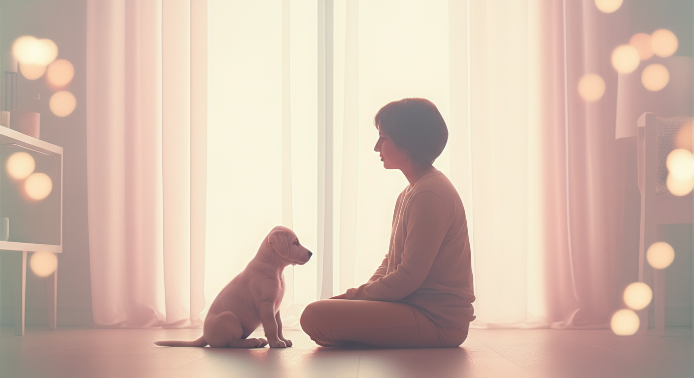 明るいリビングで、人と子犬が静かに座っているシルエット。信頼関係を表現している。