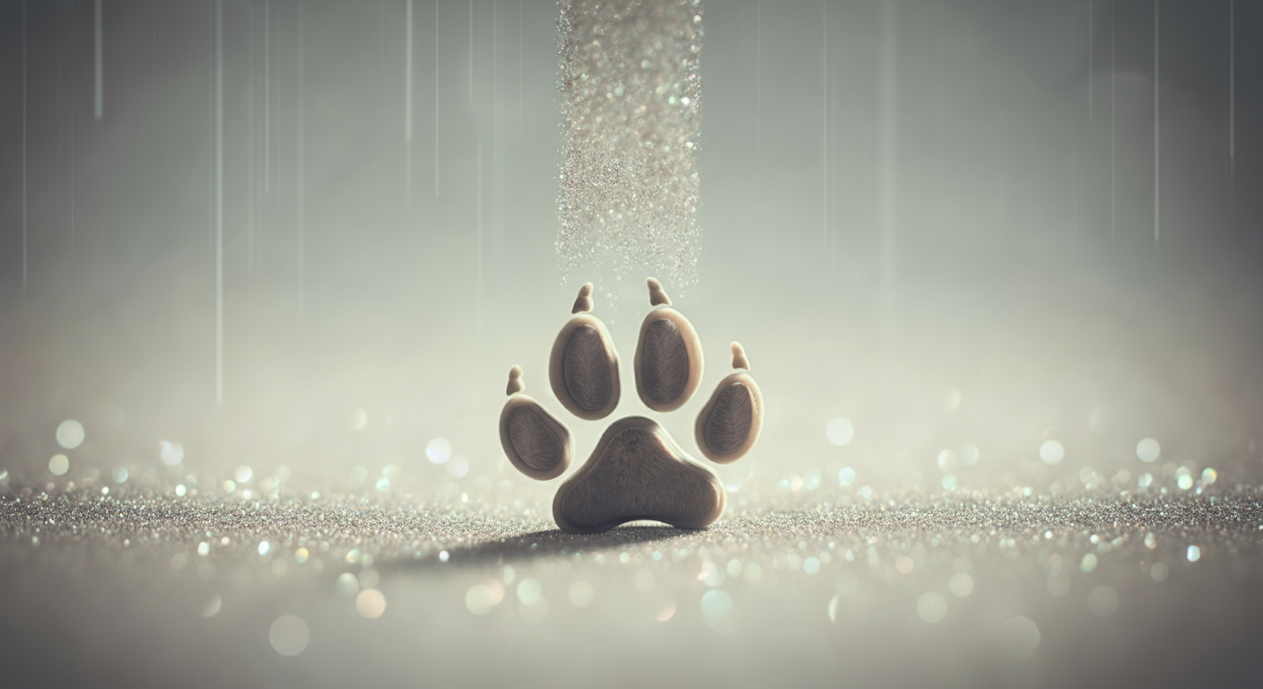 光の粒子が降り注ぐ中、見えないバリアで守られている犬の足跡の抽象的なイメージ。