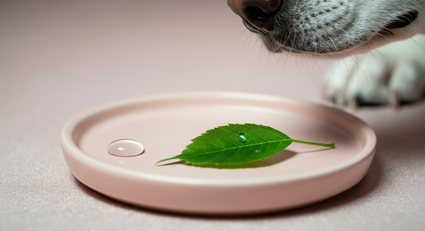 パステルピンクのお皿に乗った一枚の葉と水滴。奥で犬が匂いをかいでいる。