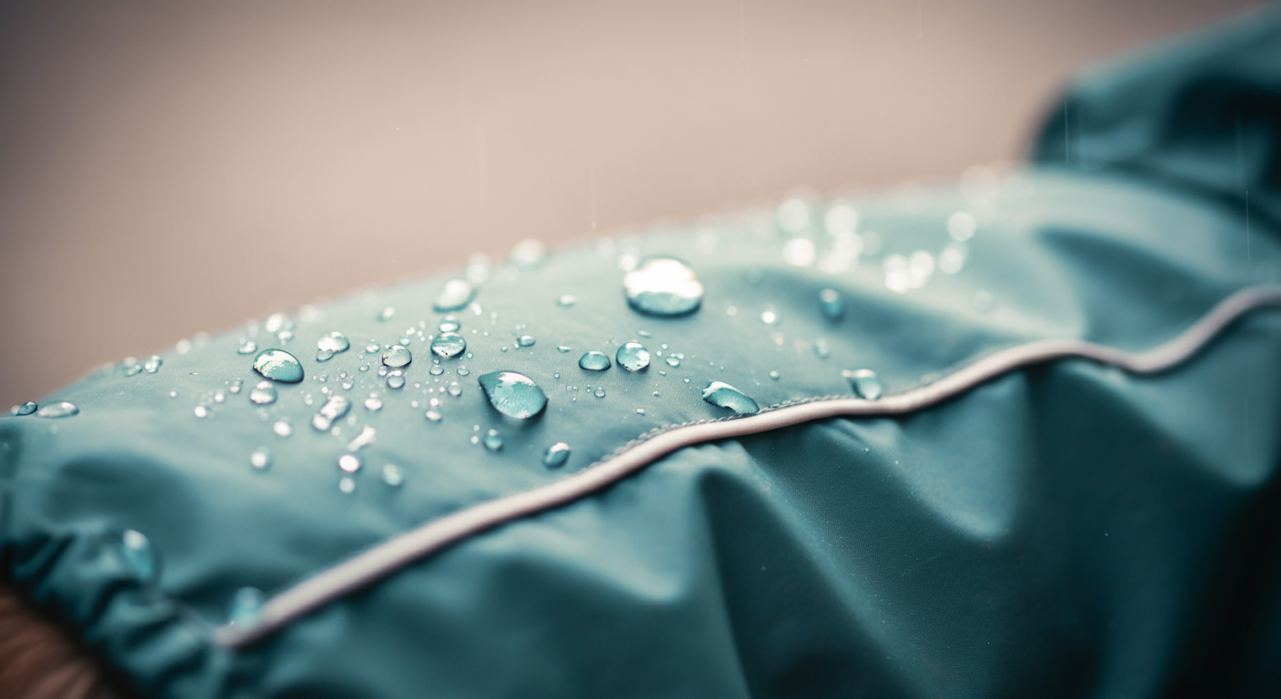 犬用レインコートの表面で、雨粒が水玉になって弾かれている様子のマクロ写真。