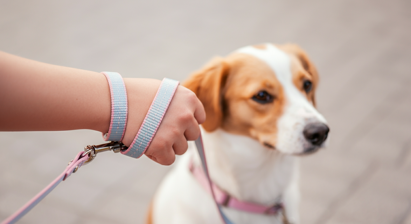 飼い主がパステルカラーのリードを短く、穏やかに握っている手元