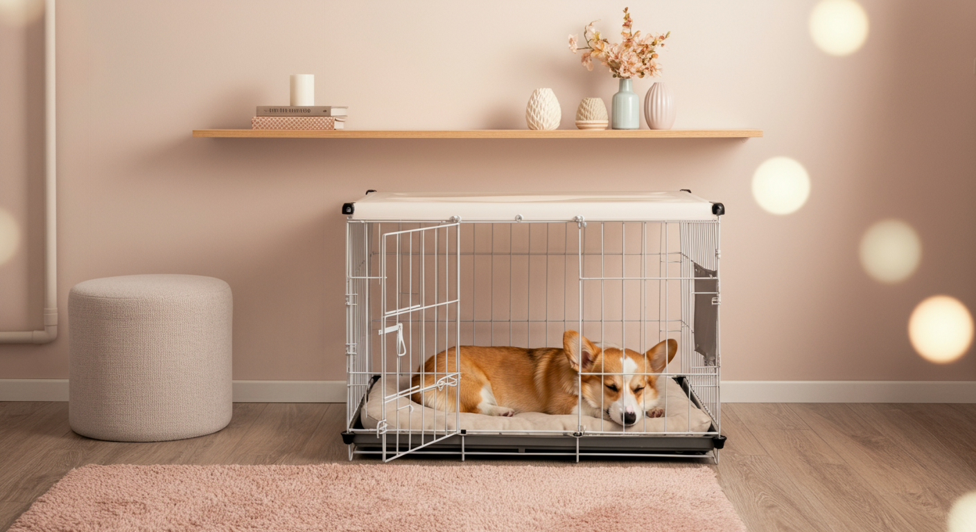 部屋の角にある、棚の下にすっきりと収められた犬用クレート。ラグやクッションが置かれ、心地よいペットゾーンが作られている。