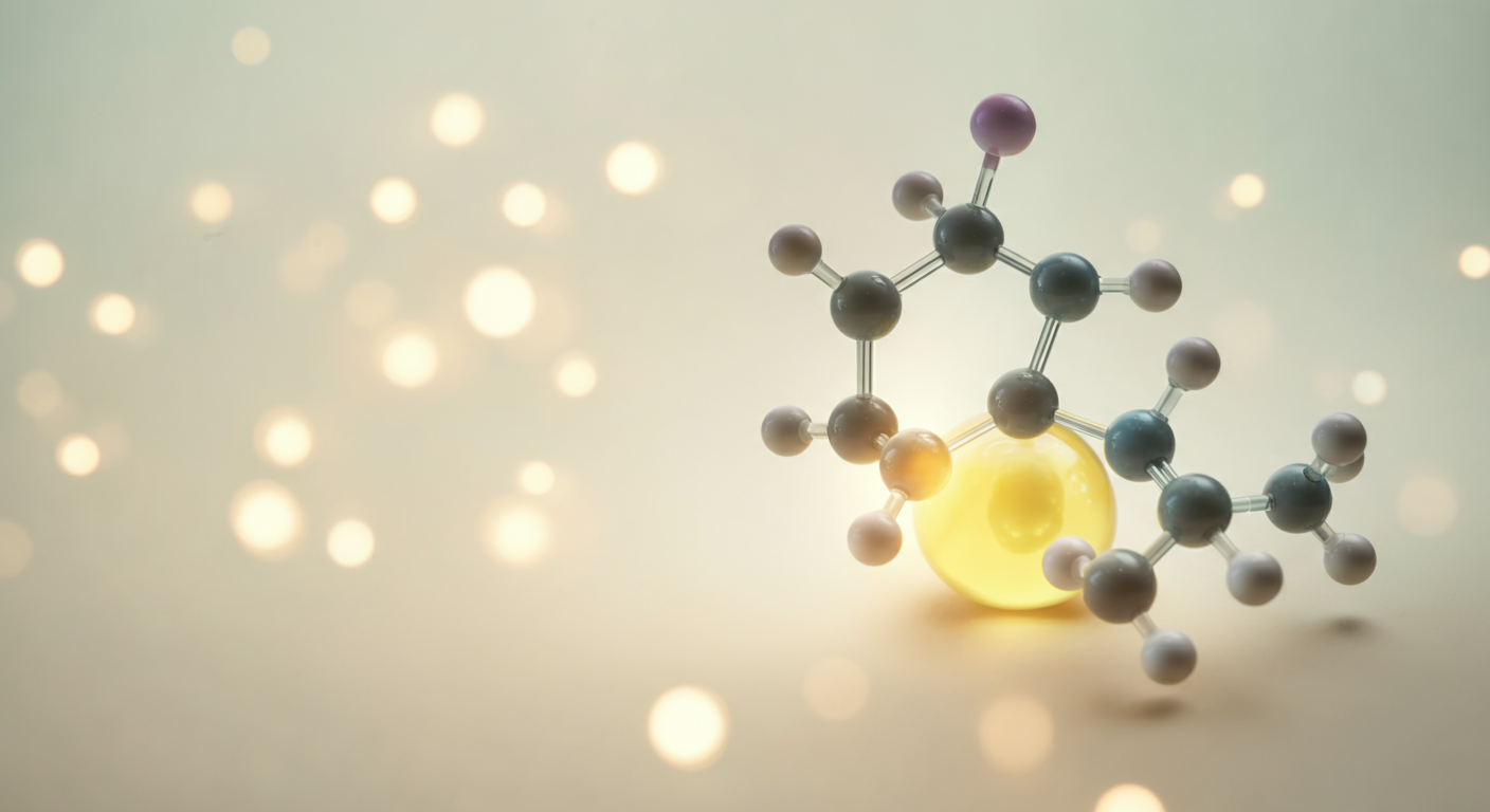 MSMの主成分であるイオウの分子モデルが、明るい背景の中で柔らかく光っている科学的なイメージ写真。