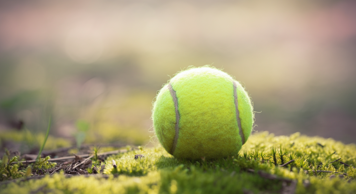 緑の苔の上に置かれた、使い古された一 فيのテニスボール。シニア犬のお気に入りを象徴している。