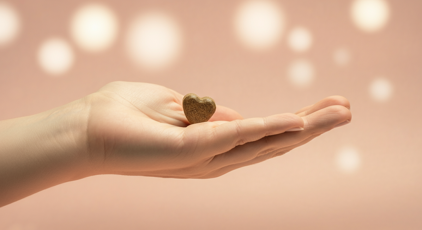 飼い主の手のひらに乗せられた、ハート型の犬用サプリメント。