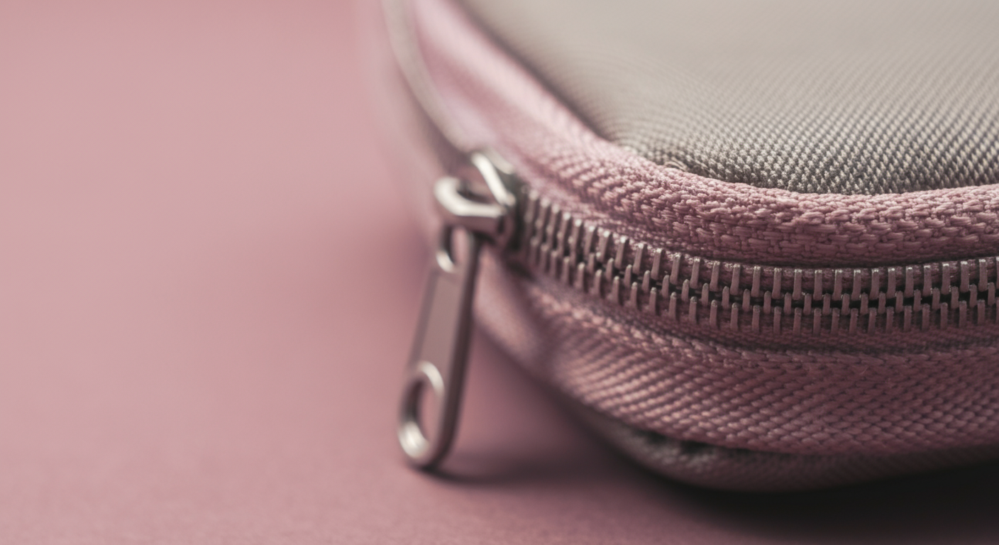 マナーポーチの丈夫なジッパーと、耐久性の高い生地の質感を写したマクロ写真。信頼性を表現している。