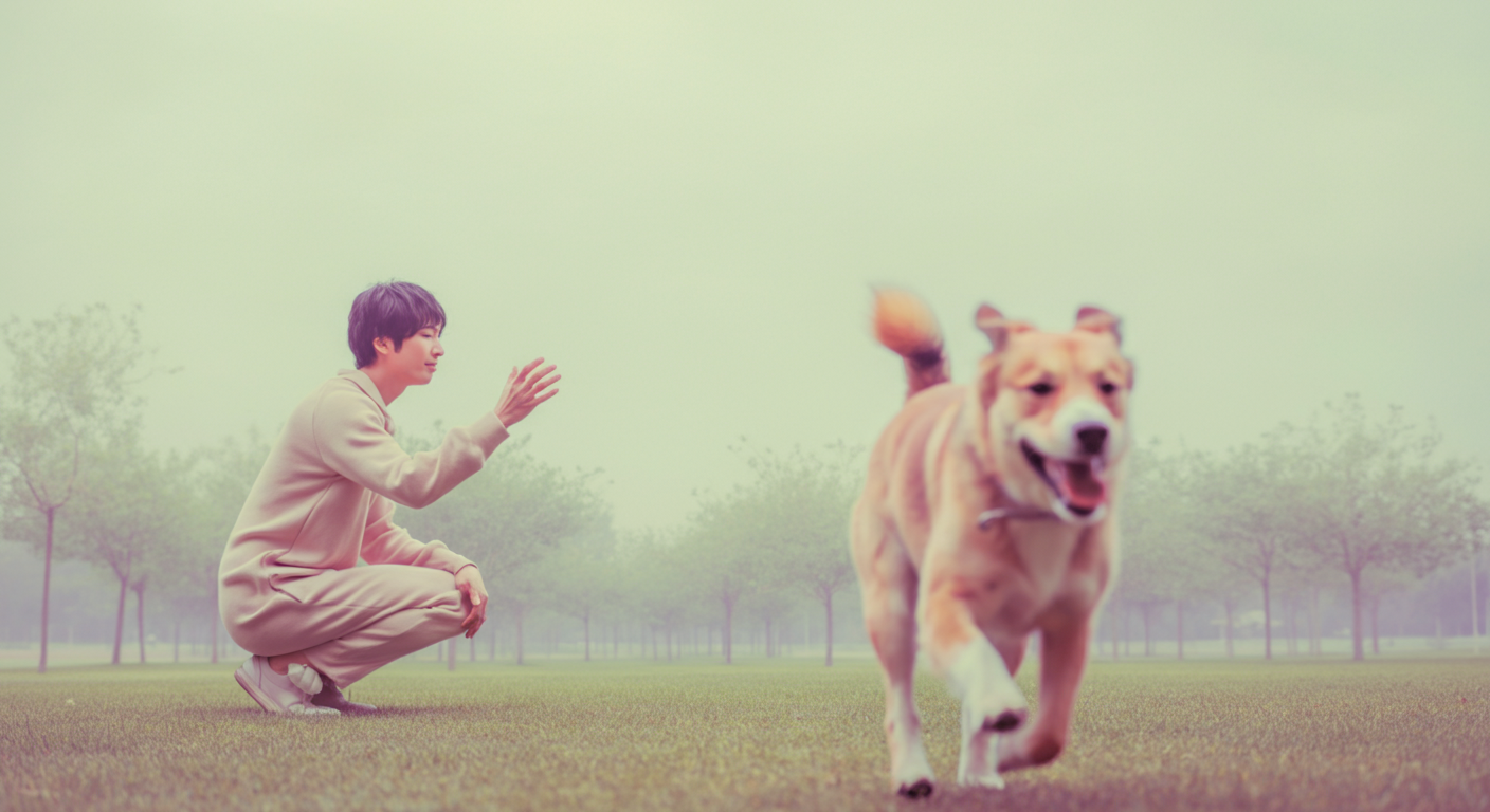 芝生の上で両手を広げて犬を待つ飼い主の姿。前景には飼い主に向かってくる犬がぼかして写っている。