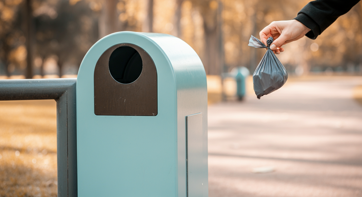 公園に設置されたモダンなゴミ箱に、うんち袋を捨てようとしている手の写真。