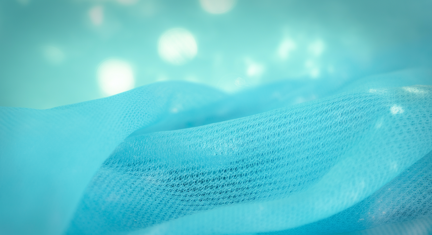 夏向けの通気性が良いライトブルーのメッシュ生地を、太陽光が柔らかく透過している様子のクローズアップ写真。涼しげな印象を与える。