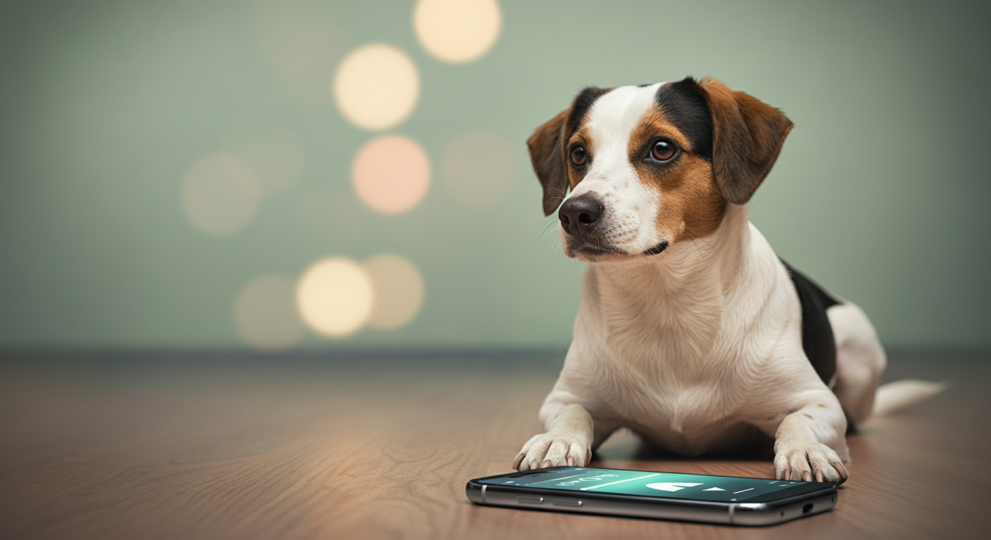 床に置かれたスマートフォンから流れる音に、犬が静かに耳を傾けている様子。