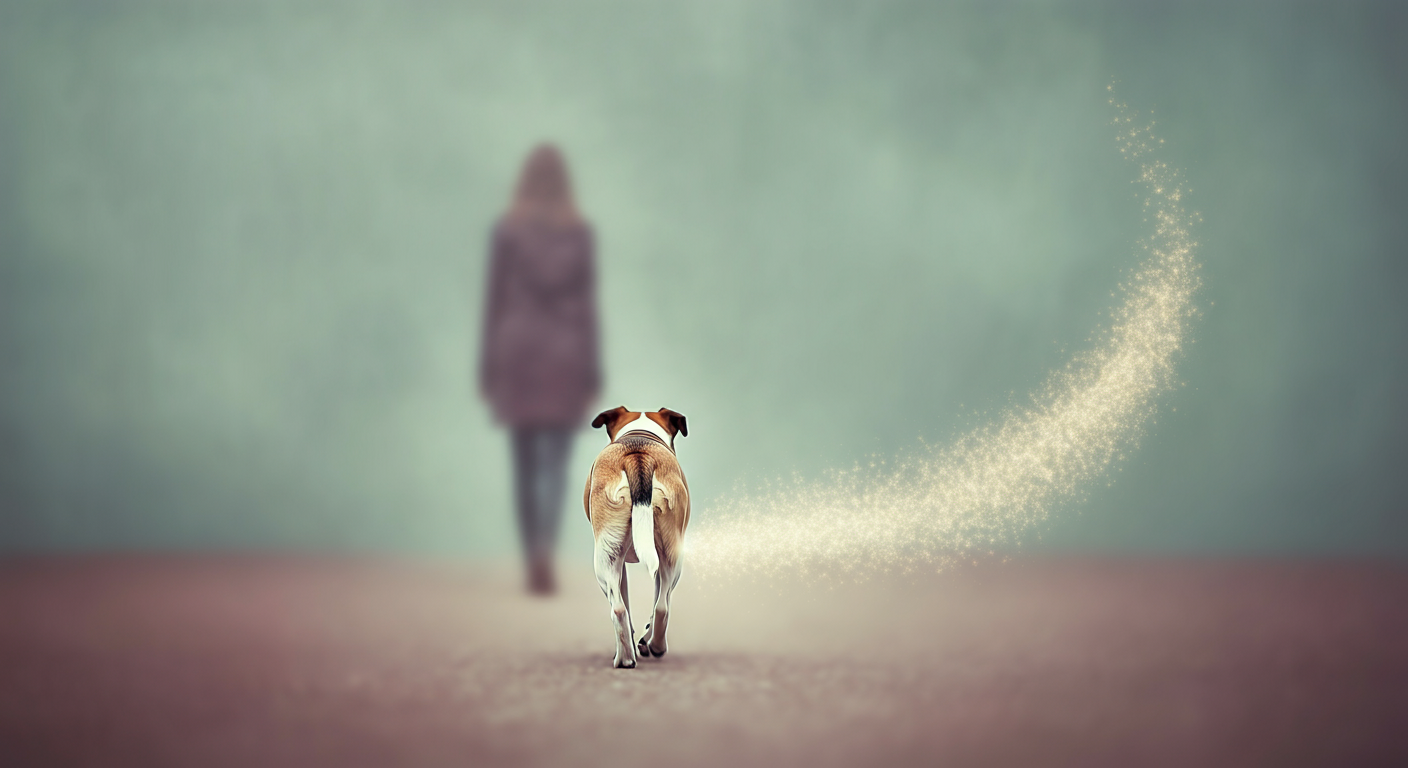 背景のぼやけた人物から、犬が落ち着いて歩き去る様子。犬の後ろにはキラキラした光の軌跡が描かれ、ポジティブな選択を象徴している。