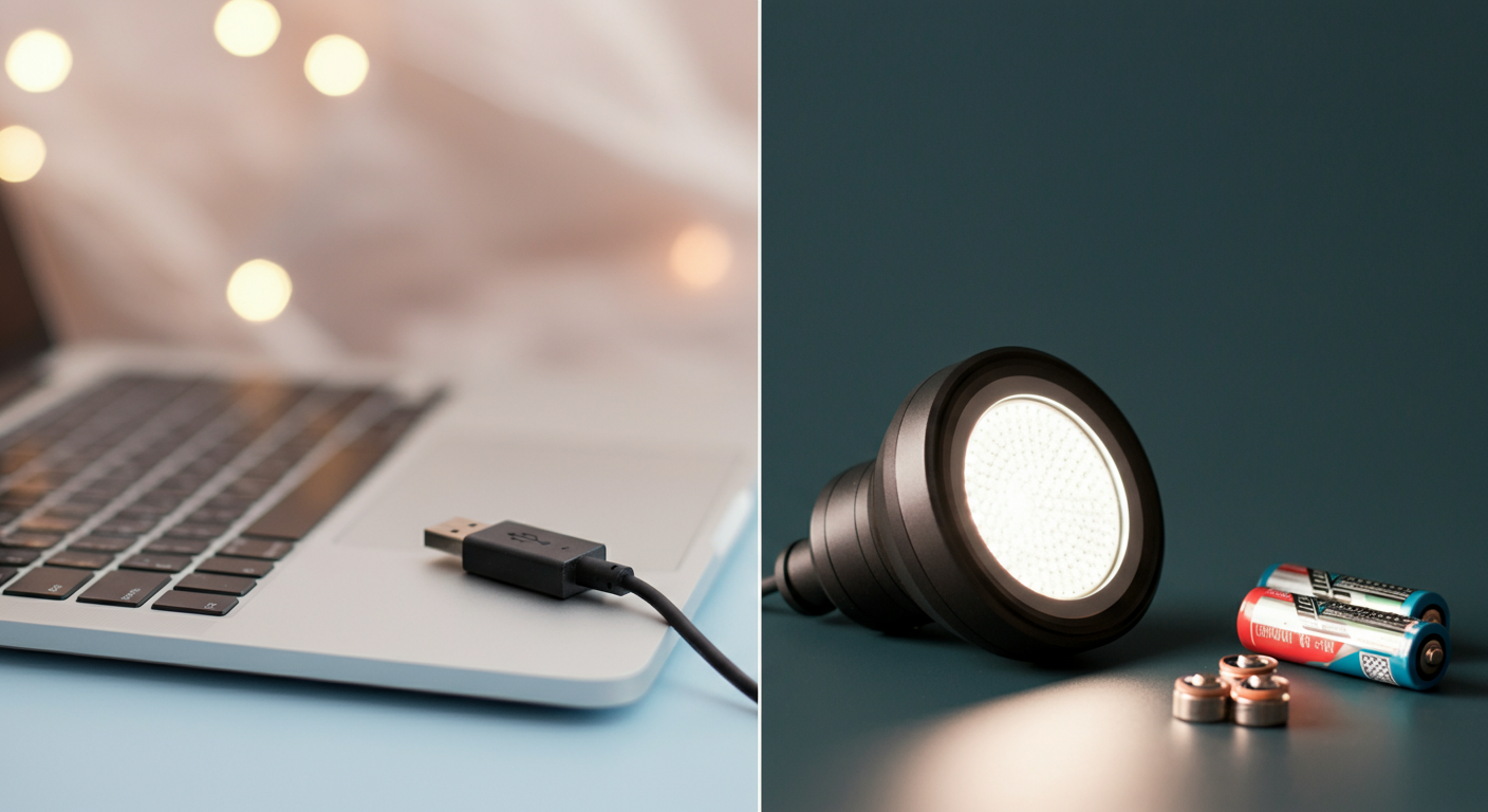 USBで充電中のライトと、ボタン電池で動くライトが並べられている比較画像