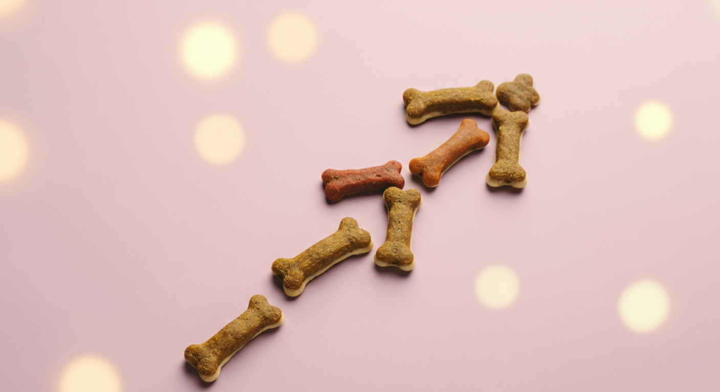 エネルギー補給用の一口サイズの犬用おやつが、上向きの矢印の形に並べられている。